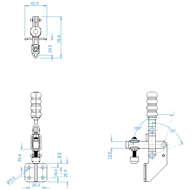 Kniehebelspanner mit vertikalem Hebel - seitlich befestigter Sockel Kniehebelspanner Mit Vertikaler Hebel - Einstellbarer Arm - Sockel Zur Seintenmontage 2